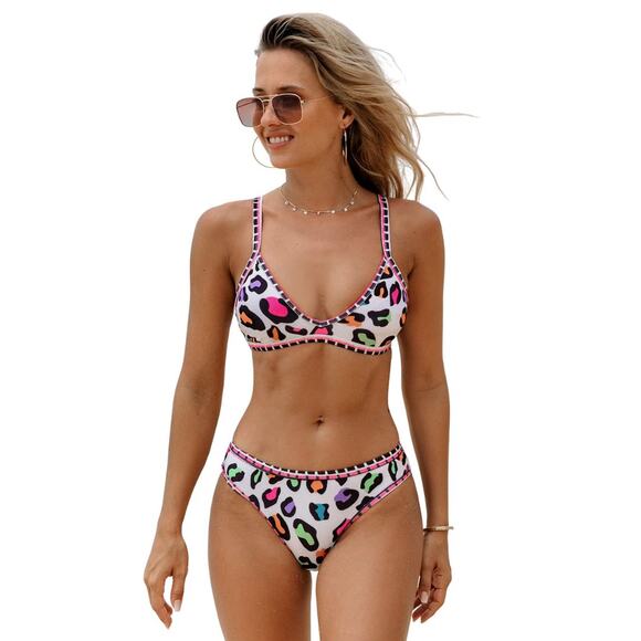 Cupshe Women's Colorful Leopard Bikini Top & Cheeky Bottoms Set White Large - Picture 1 of 9